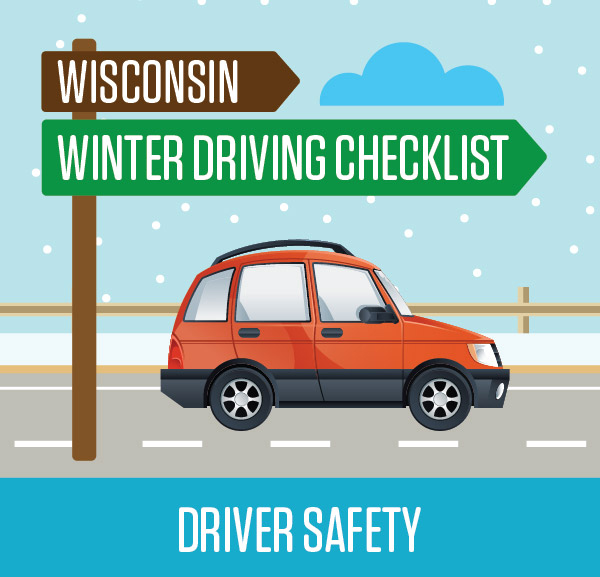 Wisconsin winter driving checklist art of car in snowy conditions